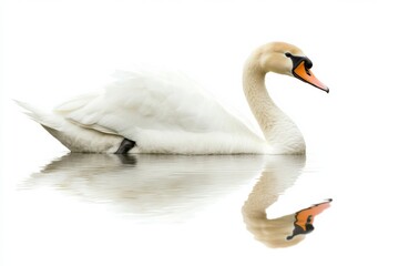 Obraz premium Swan gliding effortlessly over still water with perfect reflection on a serene white background