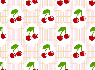 Playful cherry pattern with red cherries in white oval frames on pastel plaid background. For cute stationery, textiles, kids decor, or kawaii-themed projects