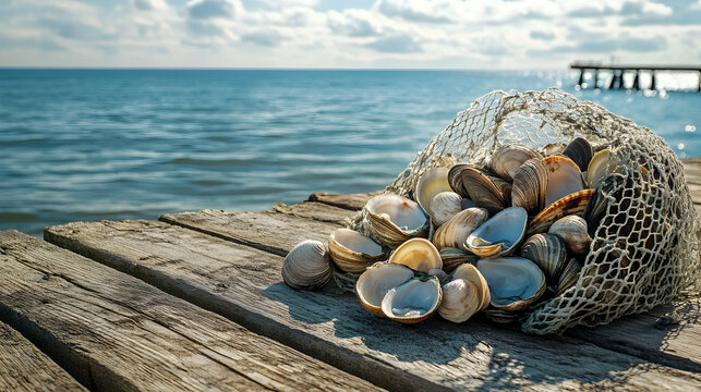 Clam harvest by the tranquil waters on a sunny day symbolizes abundance and the connection to nature