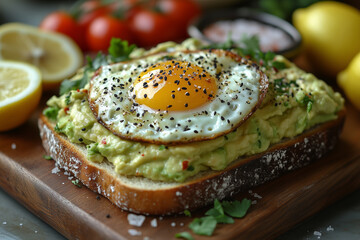 Avocado toast on rustic bread topped with a sunny-side-up egg, black sesame, and pepper, surrounded by lemon, tomato, and parsley on a wooden board.