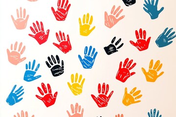  Colorful handprint stamps of children scattered across a neutral background, perfect for playful and creative themes