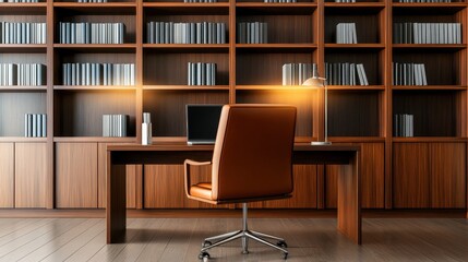 Modern office workspace with a wooden desk, chair, and bookshelves in a cozy library setting