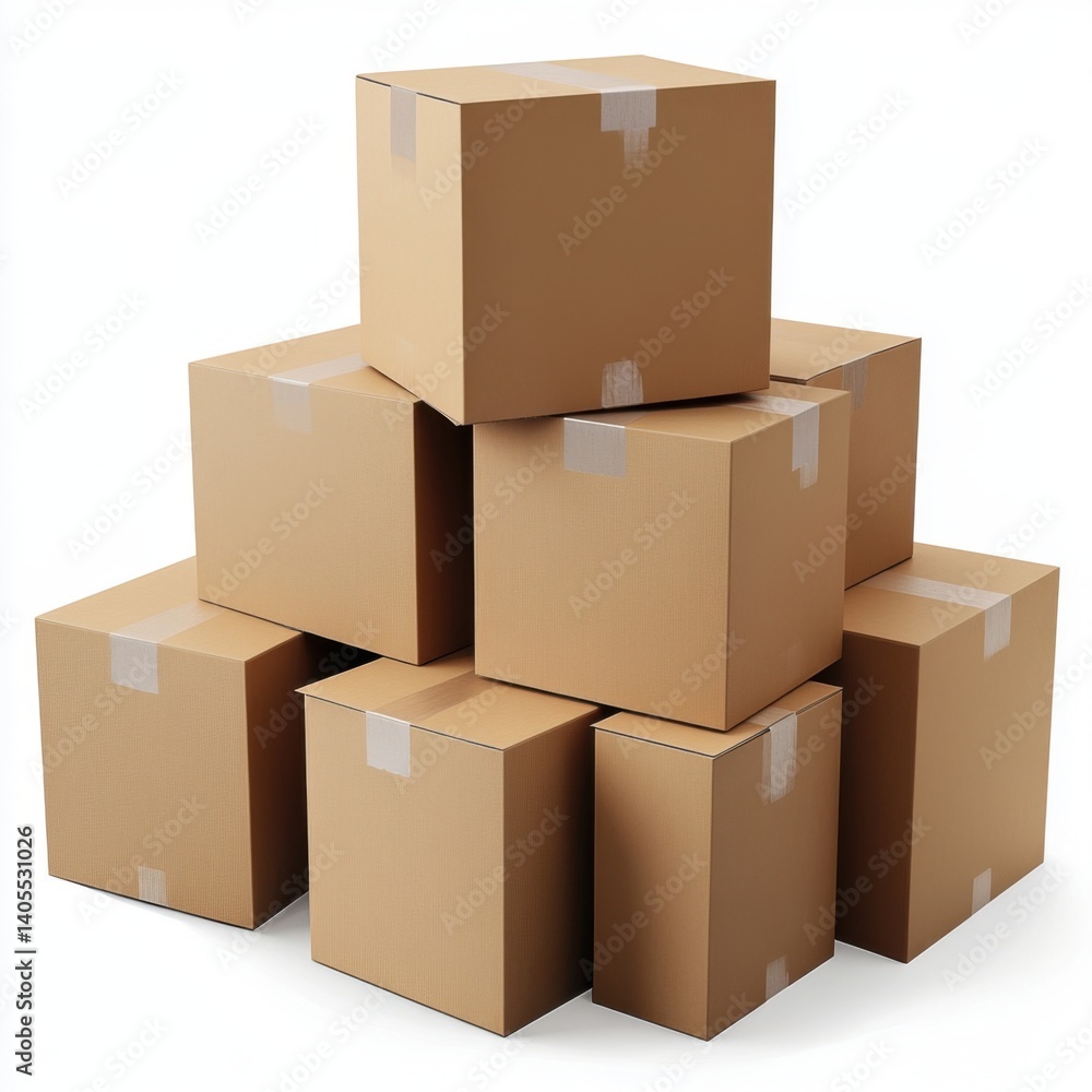 Poster a stack of cardboard boxes, varying in size, arranged neatly in a pyramid formation, emphasizing pac
