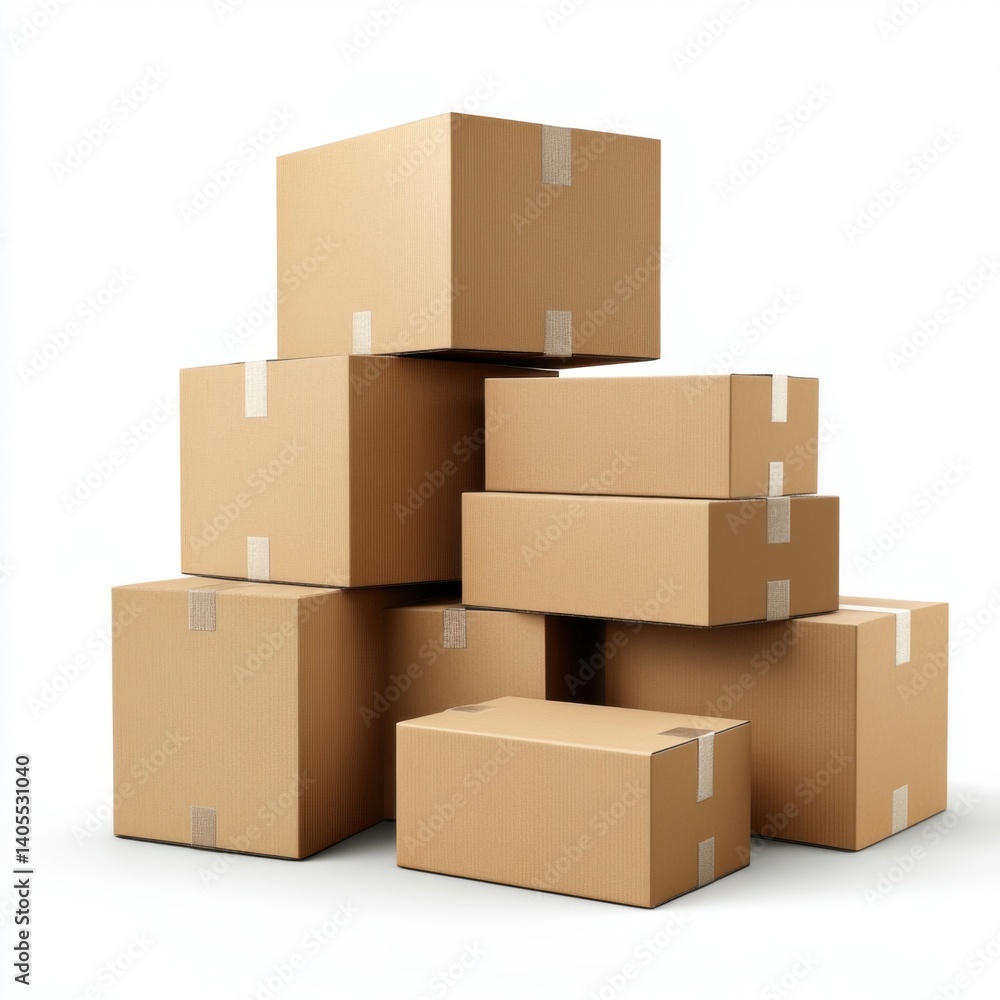 Poster a stack of cardboard boxes of various sizes arranged neatly, showcasing a simple, organized storage 