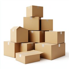 Obraz premium Stacked cardboard boxes in various sizes, including a house-shaped box, create an organized yet casual arrangement against a plain background.