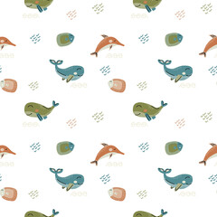 Seamless kids pattern with whales, dolphins, and fish. Cute marine animals on white background. Perfect for baby fabric, wallpapers, and nautical-themed projects