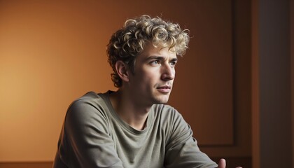 Thoughtful Man: A pensive young man with curly blond hair sits indoors, gazing thoughtfully off-camera, bathed in warm, ambient light. His expression is introspective.
