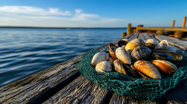 Clam harvest by the tranquil waters on a sunny day symbolizes abundance and the connection to nature