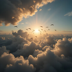 Birds flying in the sky between the clouds and the sun's rays