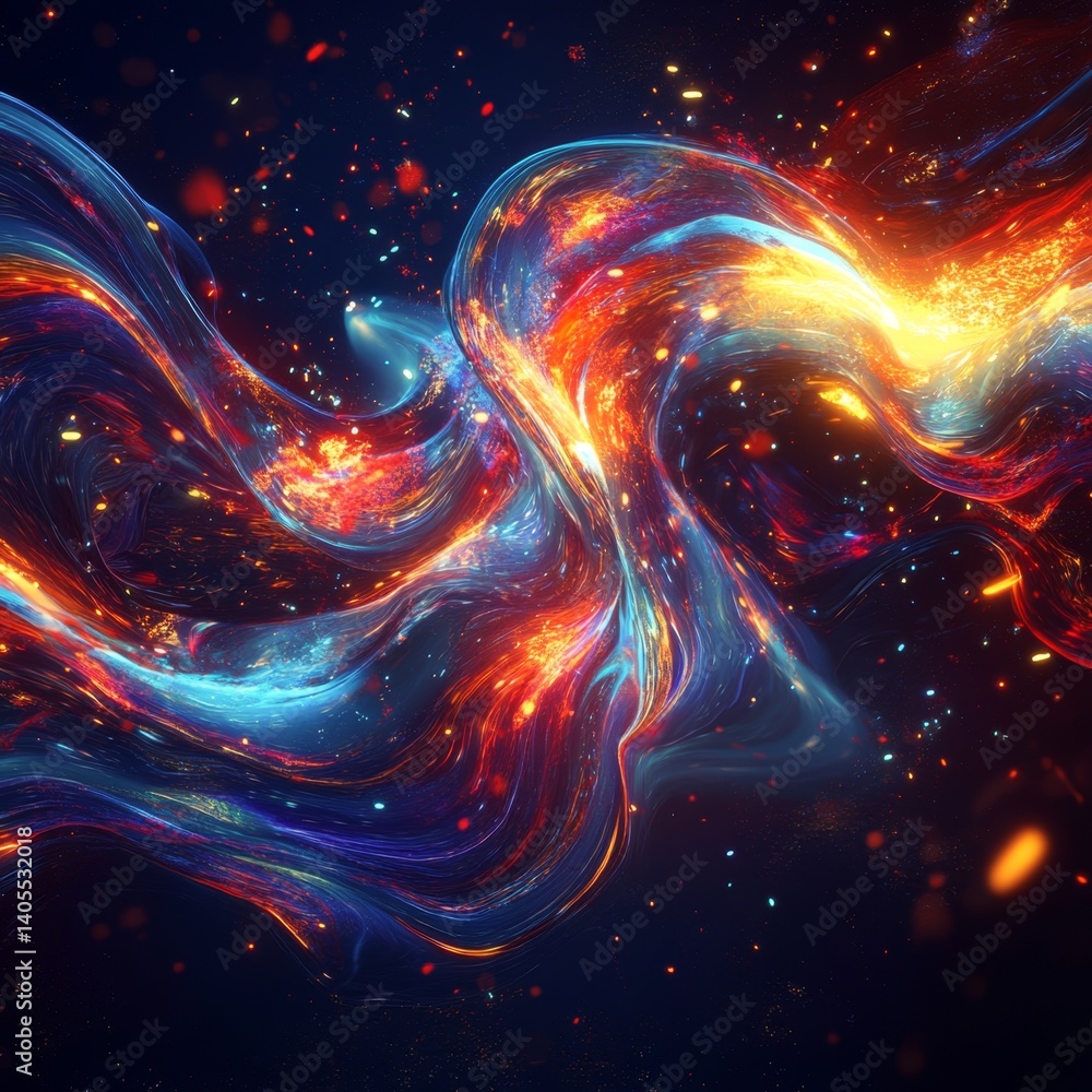 Poster abstract energy flow. dynamic swirling patterns of vibrant colors, with sparks and glowing particles