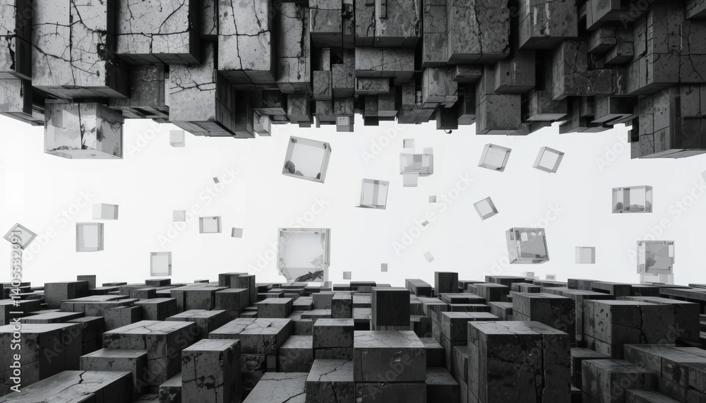 Poster floating geometric shapes abstract environment digital art creation surreal perspective minimalist a