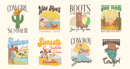 Western t-shirt design set, retro cowboy graphic collection. Vintage western illustration landscape for print, and tee shirt, retro west clothing apparel design