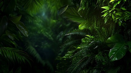 Fototapeta premium Lush Tropical Rainforest with Dark Green Foliage Background.