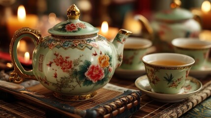 Elegant vintage tea set, ornate floral designs, warm candlelight ambiance, perfect for cozy gatherings or afternoon tea.