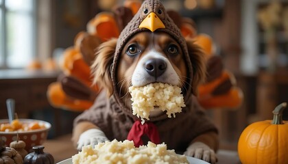Guilty Dog Dressed as Turkey - Funny Thanksgiving Pet. A mischievous dog dressed as a turkey with stuffing in its mouth, caught red-handed in this hilarious Thanksgiving pet photo