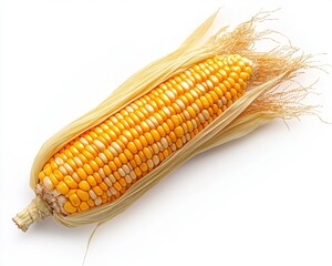Fresh Yellow Corn on Cob with Husk and Silk Isolated on White Background