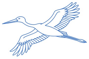 Minimalist Blue Line Art Of A Flying Stork Against A White Background