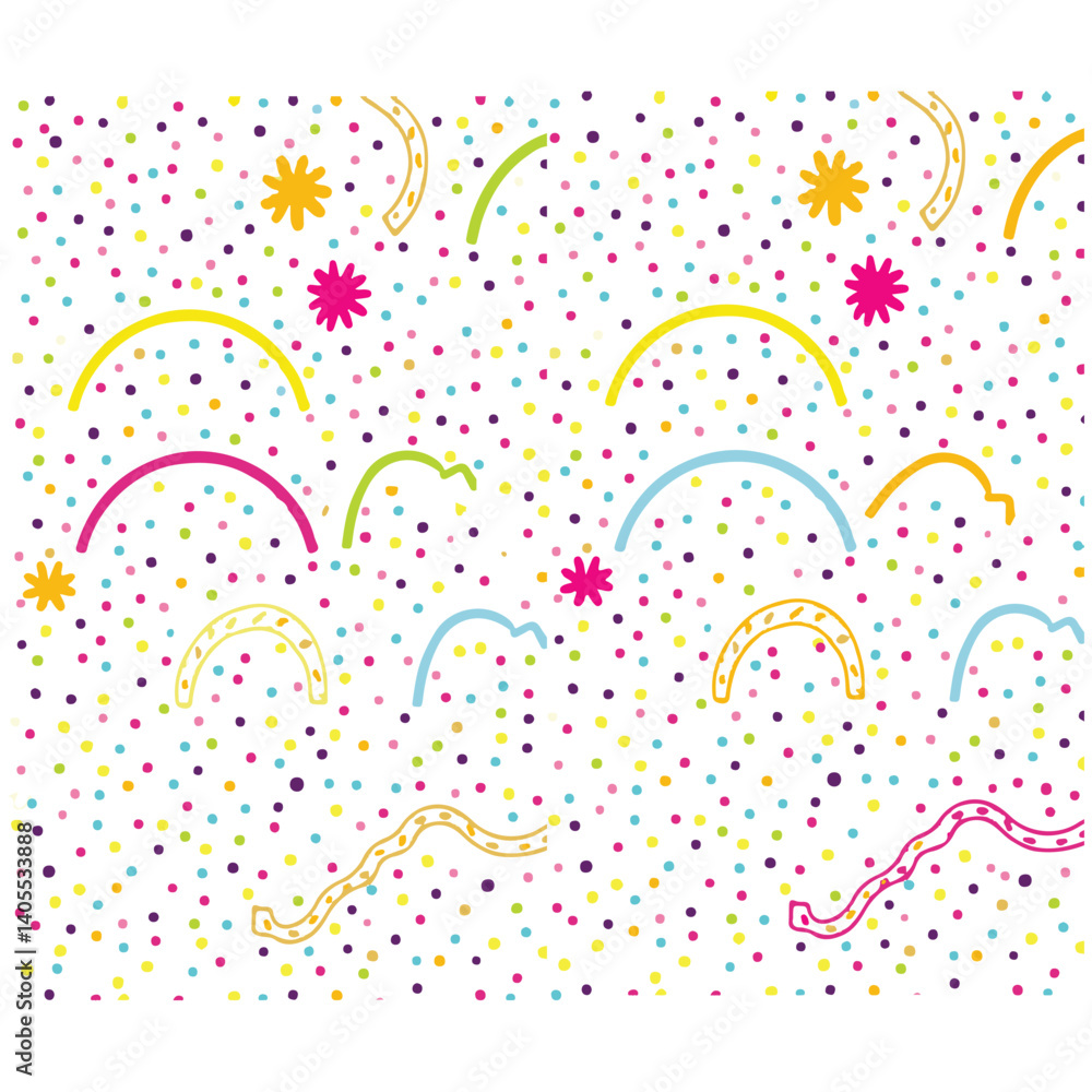 Poster set of abstract seamless colorful pattern of wavy multicolored lines and confetti on a light backgro