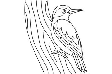 Woodpecker Bird Perched On Tree Branch Outline Vector Illustration