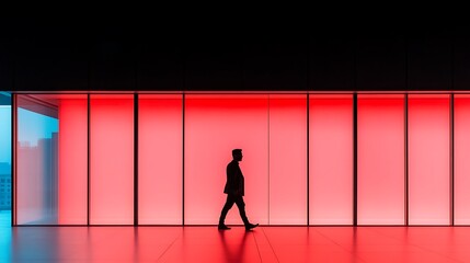 Silhouette of a Person Walking in Front of Red Lit Building at Night