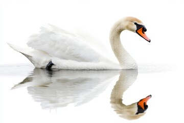 Obraz premium Swan gliding gracefully over a still water surface with perfect reflections in a serene, white background