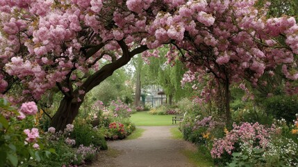 Serene garden pathway, lush greenery adorned with blooming flowers, inviting atmosphere perfect for relaxation and reflection.