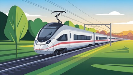Modern High-Speed Train Illustration - Scenic Railway Travel Concept