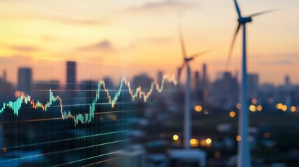 Urban Landscape with Wind Turbines and Stock Market Visualization