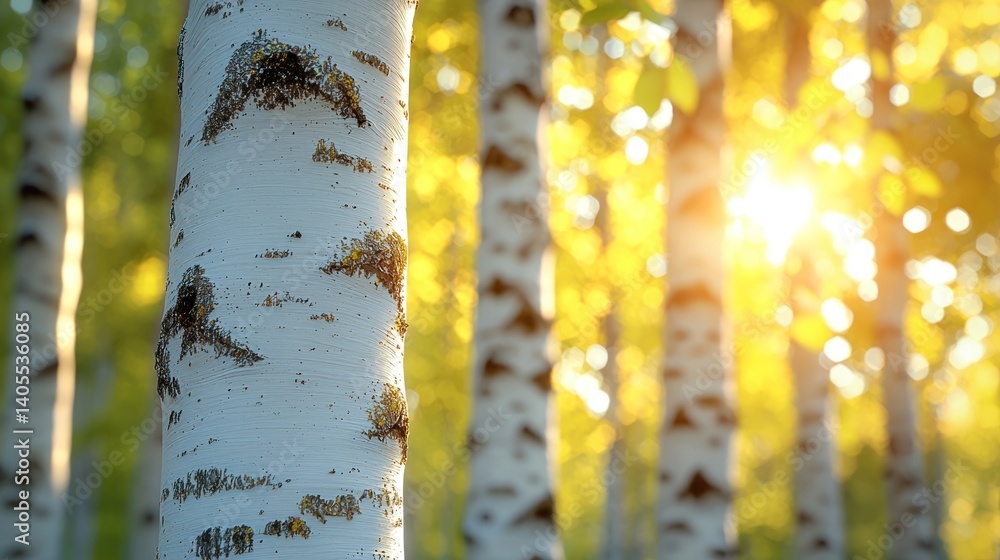 Poster sunlight filters through birch trees in a forest. close-up view of birch bark