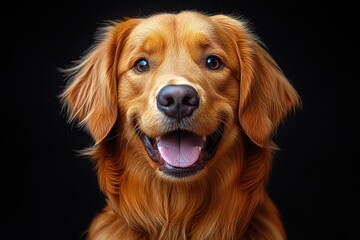 Golden retriever with a joyful expression against a black background showcases the breed's friendly nature and charm