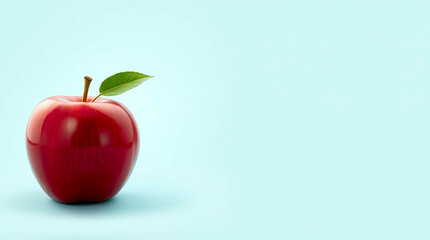 Obraz premium A single red apple with a leaf, resting on a pastel teal background
