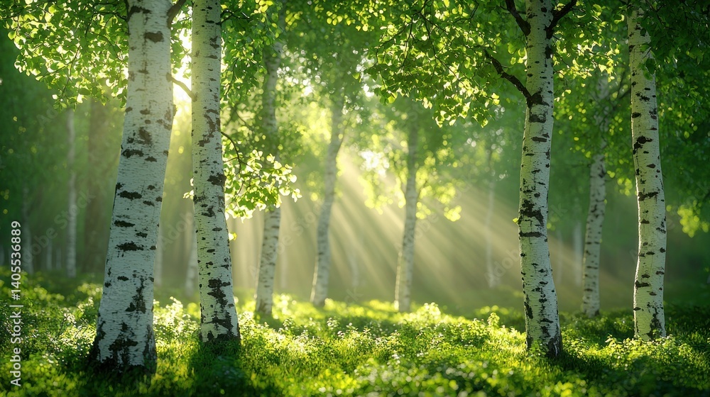 Poster sunlight streams through birch trees in a lush forest