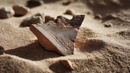 A weathered pottery shard lies in fine desert sand, suggesting stories of ancient civilizations and mysteries.