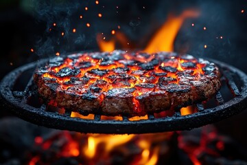 Grilling thick burger patties over intense flames during a summer cookout in a backyard