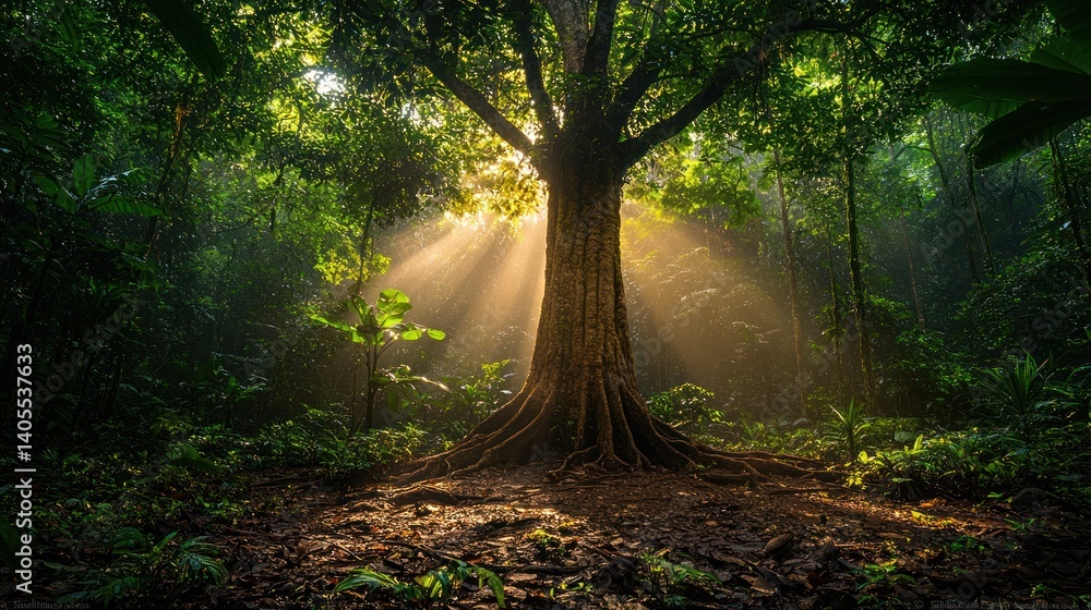 Poster sunlight streams through dense jungle canopy, highlighting a massive tree. lush greenery surrounds a
