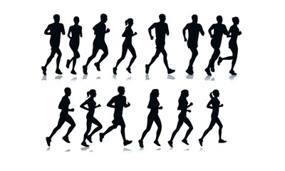 Black vector silhouettes of people walking, including woman, men, and child.