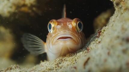 Close-up of goby fish peering curiously from its sandy underwater burrow