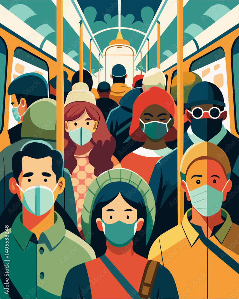 Poster on a crowded subway train almost every passenger wears a different style of pollution mask creating 