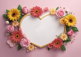 Obraz premium Mother's Day floral heart frame with blank space on pink backdrop 