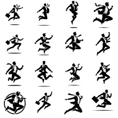 Set compilation of smartly dressed executive man jumping into air with white background 