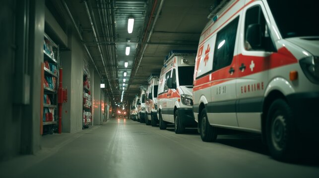 A fleet of ambulances parked in a dimly lit underground garage, suggesting preparedness and urgency in emergency services.