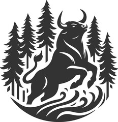 Forest with bull animal vector silhouette