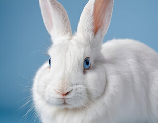 Obraz premium White rabbit close-up on soft blue background