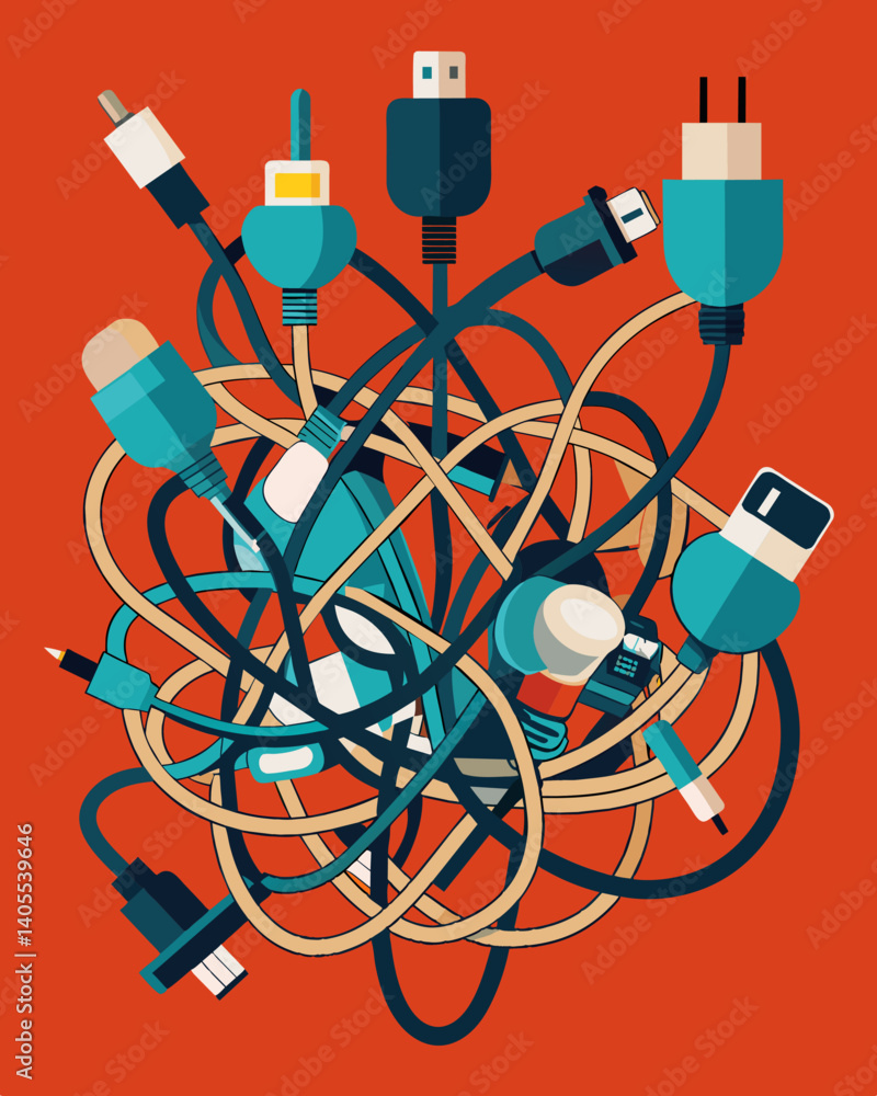 Poster a the tangle of wires cords and adapters its hard to imagine what could have once been a functioning