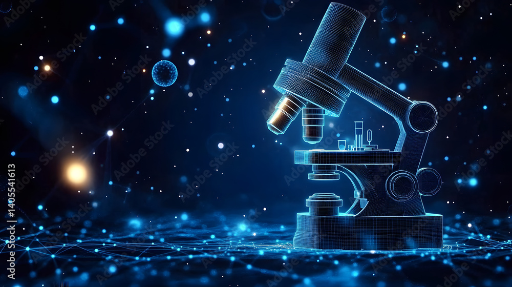 Poster abstract image of a microscope with dark blue background. low poly wireframe with lines, dots and gl