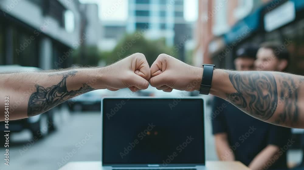 Poster two colleagues fist-bump in celebration while reviewing data on a laptop screen. the diverse team ar