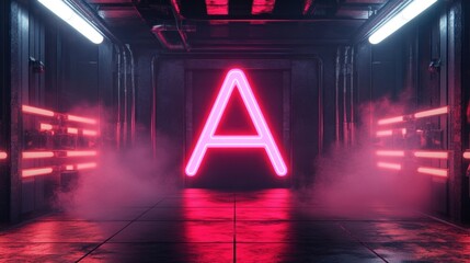 Futuristic tunnel hallway with a glowing pink letter A.  Dark, industrial interior with vibrant neon lights, and fog