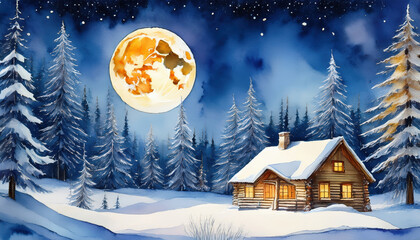 Naklejka premium serene watercolor painting depicts cozy cabin nestled among snow covered trees under bright full moon. tranquil winter scene evokes feelings of peace and warmth