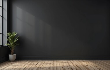 Modern black wall mockup in office with wooden floor and plant placed near window, matt black wall with wooden floor in an empty office