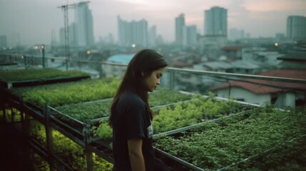 Fototapeta premium A young girl tends to vibrant green plants on a rooftop against a cityscape at dusk, capturing a serene blend of nature and urban life.